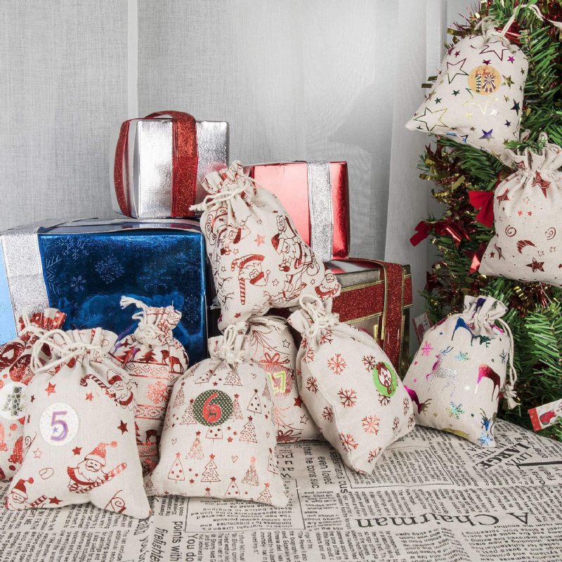 24 Dekoratívnych Závesných Malých Látkových Vrecúšok Adventný Kalendár Vianočná Súprava Bavlnených Ľanových Tašiek Darčeková Taška