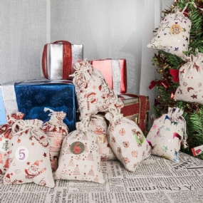 24 Dekoratívnych Závesných Malých Látkových Vrecúšok Adventný Kalendár Vianočná Súprava Bavlnených Ľanových Tašiek Darčeková Taška