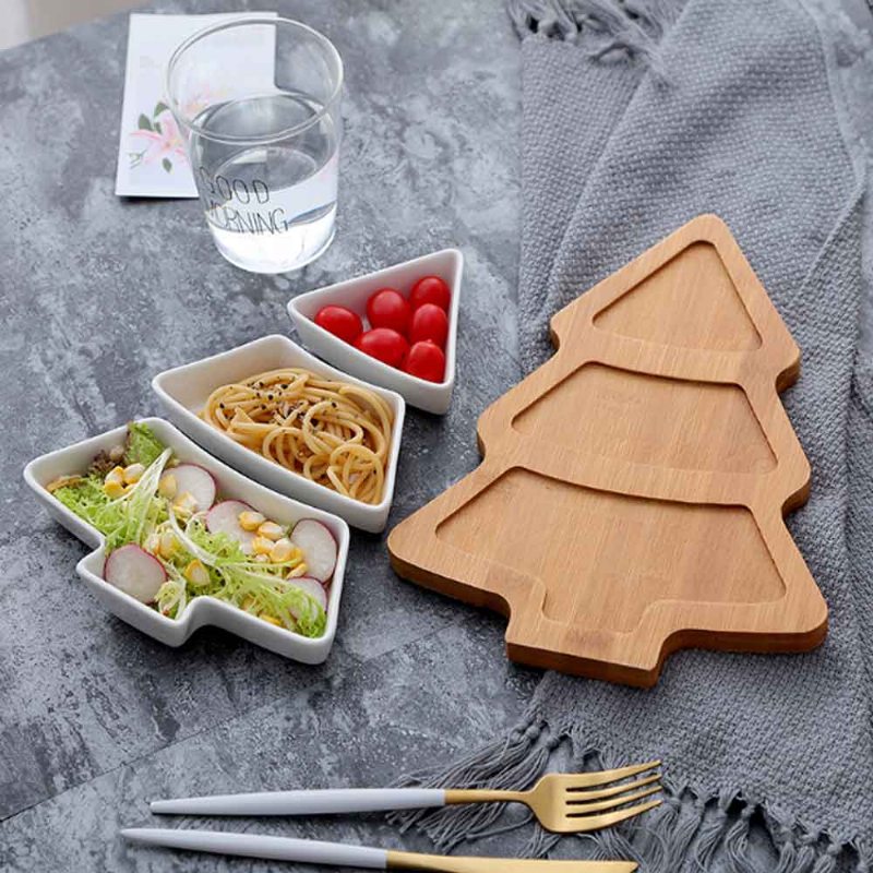 Keramický Bambusový Podnos Kreatívny Vianočný Stromček Riad Snack Dezert Ovocný Šalát Tanier Raňajková Misa