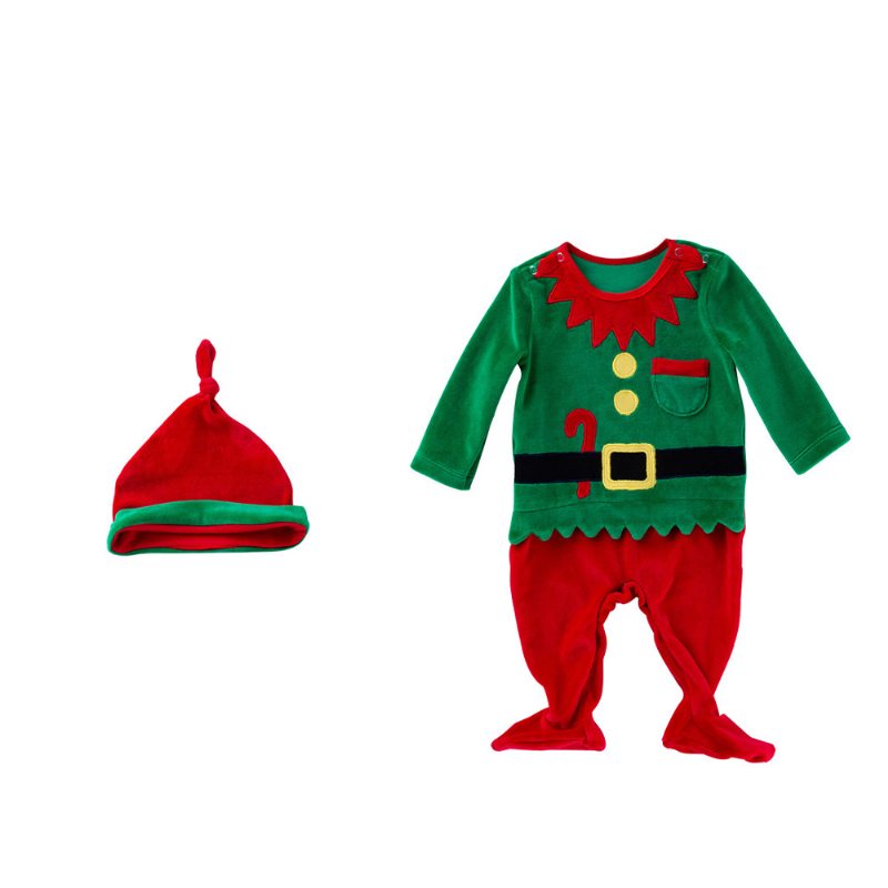 Kostým Vianočného Škriatka Zelený Jednodielny Unisex Pre 0-2 Bábätká S Dlhými Rukávmi A Roztomilým Klobúkom 2ks