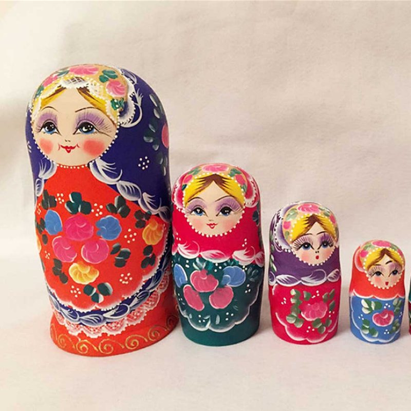 Matriošky Hniezdenie Drevené Ruské Hračky S Kvetinovým Ornamentom Ručne Maľované Suveníry Ľudové Umelecké Remeslá