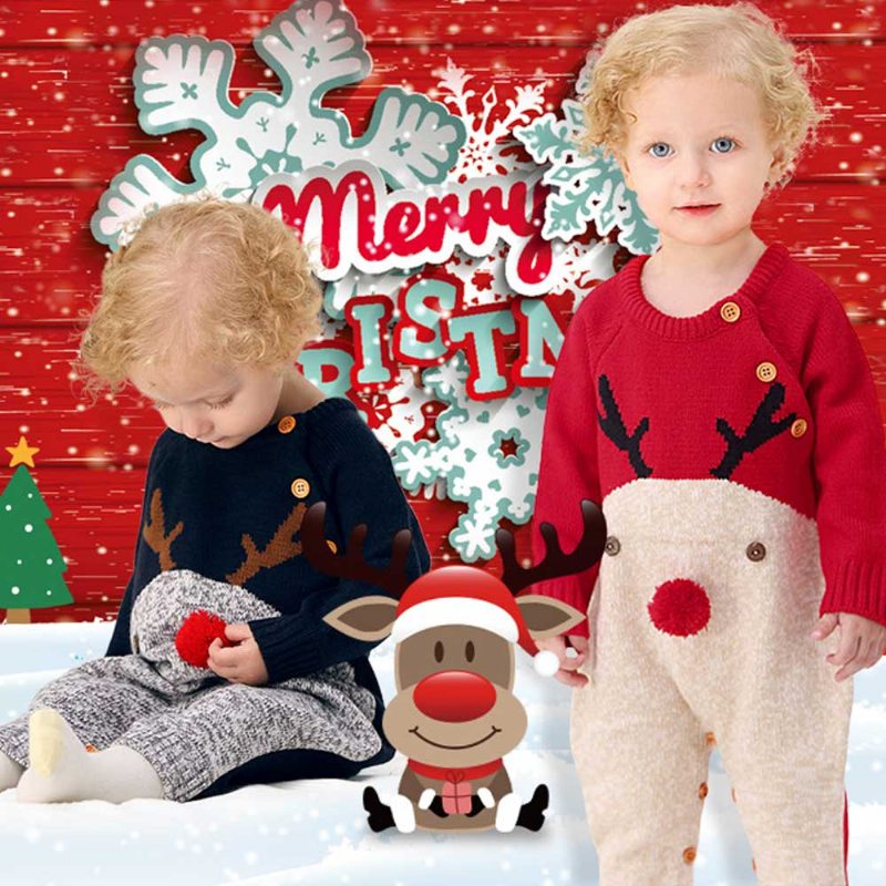 Roztomilý Kartónový Losový Vzor Dekorácie Vianoce Nový Rok Sveter Jednodielne Kombinézy Pre Chlapca Dievča Deti Dojčatá