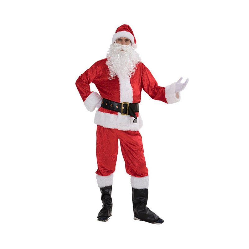 Súprava Vianočných Kostýmov Čiapka Topy Nohavice Pás S Prackou Čierne Čižmy Rukavice Fúzy 7 Kusov Pre Dospelých Santa Claus Na Vianočný Večierok Cosplay Party