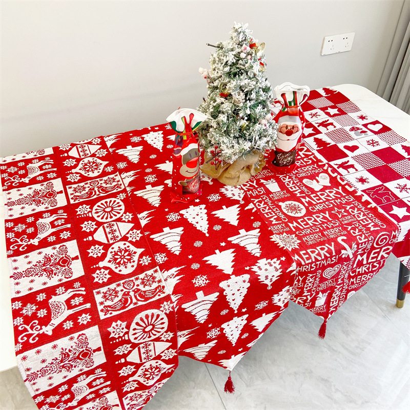Vianočný Behúň Vianočné Ozdoby Červený Los Mriežkovaný Stromček Bavlnený Obrus Dekorácia Na Stôl