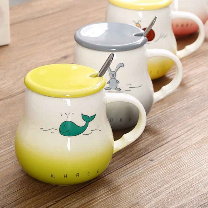 Hrnčeky Cartoon Pot Bellied Farebný Prechod S Krytom Lopatka Lovely Ceramic Animal Hrnček 401-500 Ml