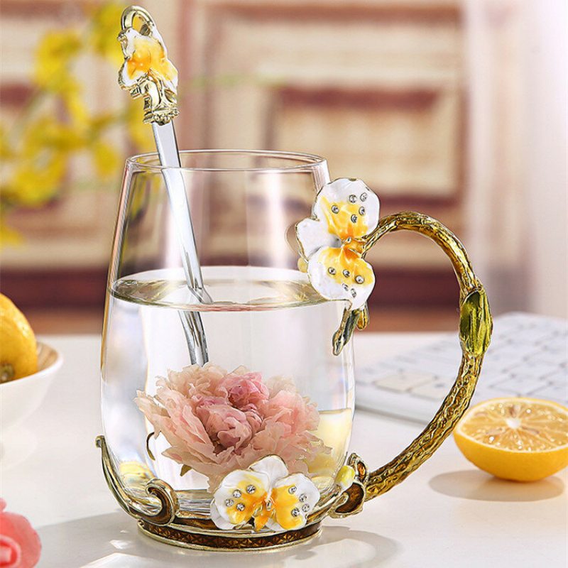 Kvetinová Smaltovaná Sklenená Šálka Hrnček Na Kávu Vynikajúci Darček So Vzorom Motýľa Sklenený Na Čaj S Lyžičkou