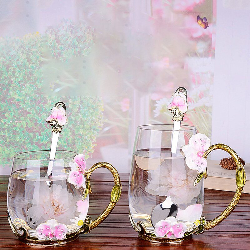 Kvetinová Smaltovaná Sklenená Šálka Hrnček Na Kávu Vynikajúci Darček So Vzorom Motýľa Sklenený Na Čaj S Lyžičkou