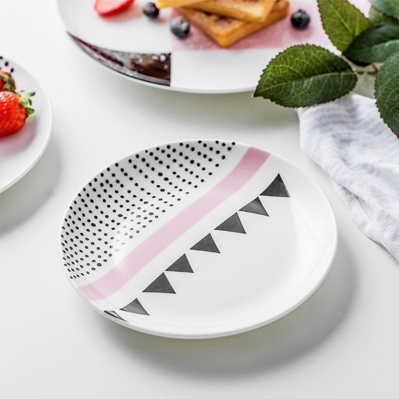 Minimalistický Geometrický Obrazec Bodový Vzor Keramika Jemný Pokrm Elegantné Pekné Ovocie Jedlo Steak Raňajkový Tanier