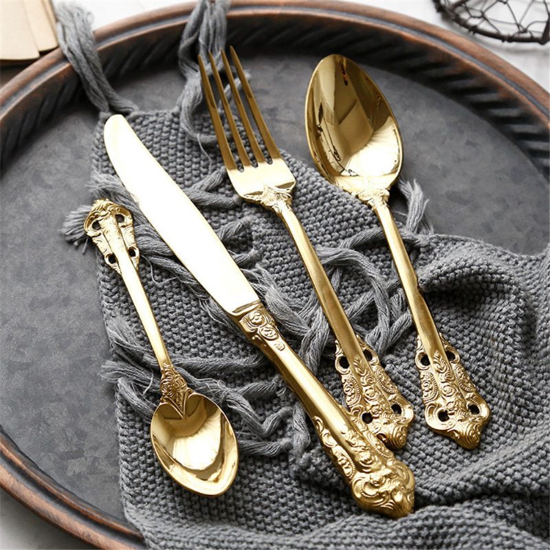 Retro Vintage Western Pozlátený Reliéfny Príbor Jedálenské Nože Vidličky Sada Čajových Lyžičiek Zlatý Luxusný Typ