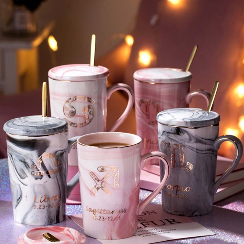 Umelecký Hrnček Zodiac Keramický Pohár Na Vodu S Krycou Lyžičkou Nordic Couple Creative Coffee Cup