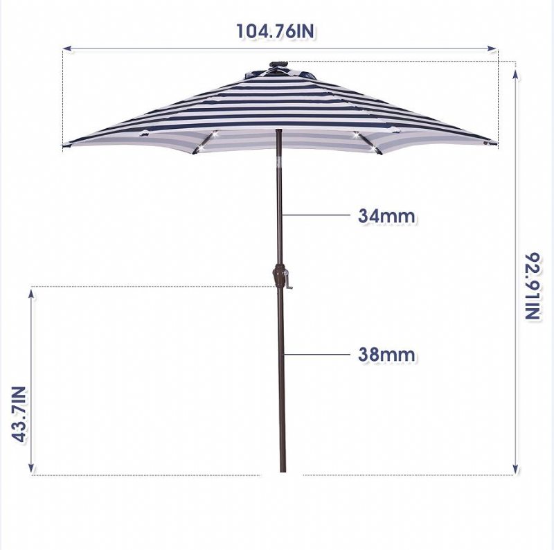Vonkajší Terasový 8.7-stopový Slnečník Market S Nakláňaním Tlačidla A Kľukou Modrobiele Pruhy S 24 Led Svetlami Podstavec Dáždnika Nie Je Súčasťou Dodávky