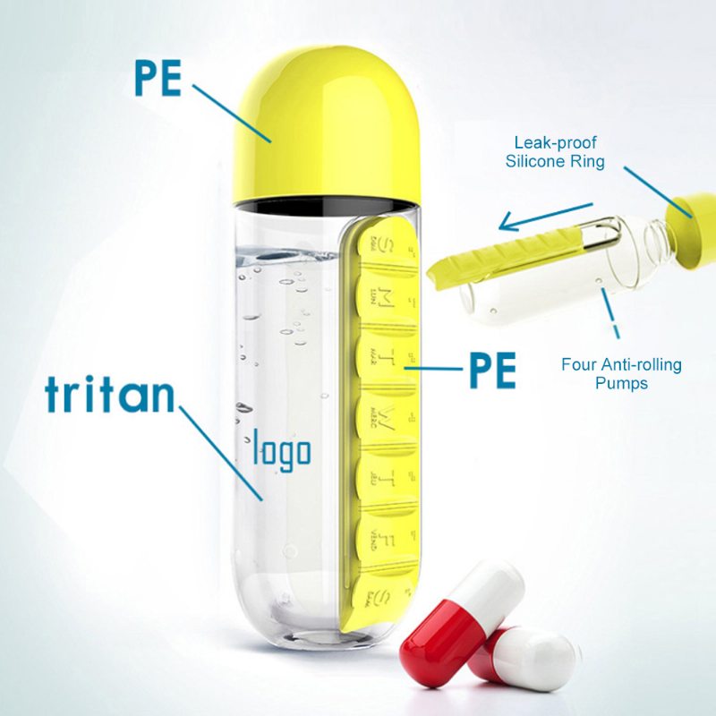 Kreatívna Prenosná Fľaša Na Vodu Bez Zápachu S Odnímateľným Puzdrom Na Pilulky Utesnená Plastová Na Pitie 2-v-jednom.
