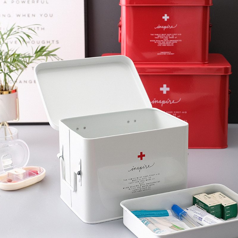 Vrstvená Pocínovaná Škatuľka Na Uloženie Liekov Prenosná Veľkokapacitná Kovová Lekárnička Nordic Style Lekárska Truhlica Na Rodinné Použitie