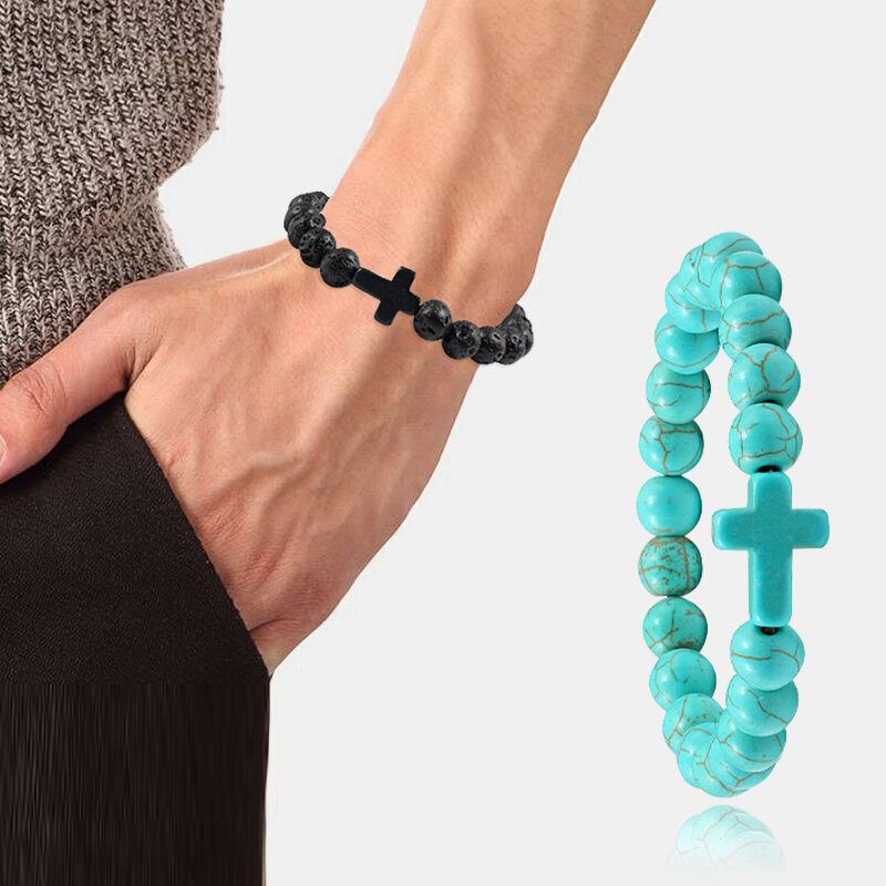 Tyrkysové Náramky S Krížovými Korálkami Elastické Lano Korálky Na Jogu Buddha Unisex Z Prírodného Kameňa