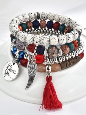 Vintage Korálkový Náramok Súprava Krídlových Listov Strapce Kúzlo Viacvrstvový Etnické Šperky Pre Ženy