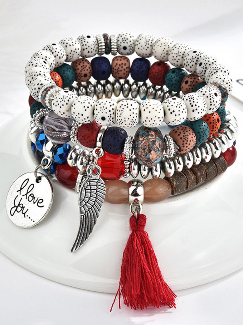 Vintage Korálkový Náramok Súprava Krídlových Listov Strapce Kúzlo Viacvrstvový Etnické Šperky Pre Ženy