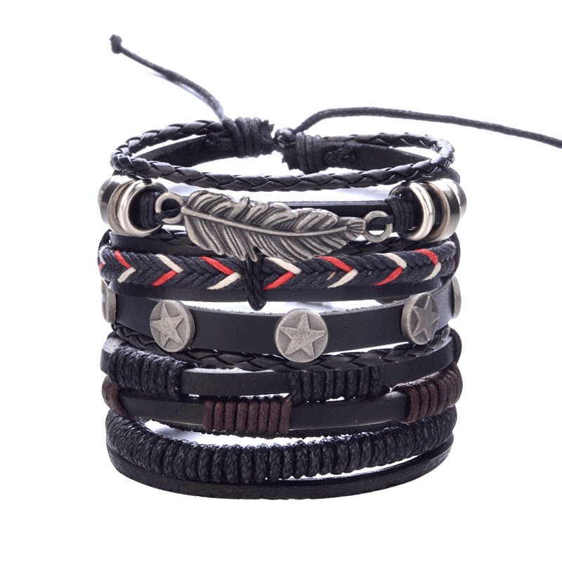 Vintage Punk Bracelet Set Viacvrstvový Listový Prívesok Pu Leather Ručne Vyrobený Náramok