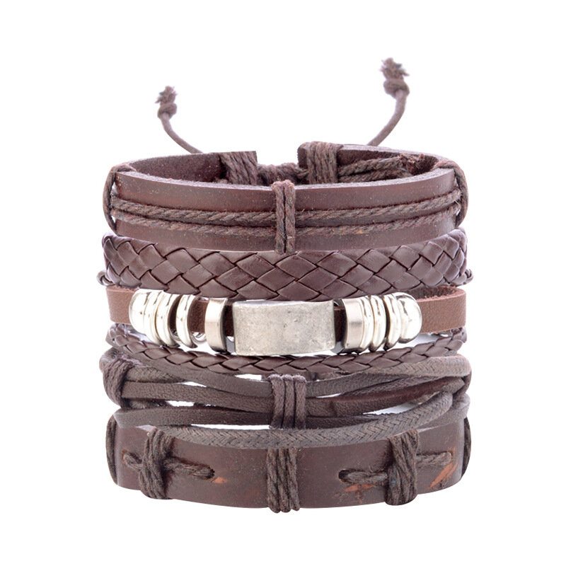 Vintage Punk Bracelet Set Viacvrstvový Listový Prívesok Pu Leather Ručne Vyrobený Náramok