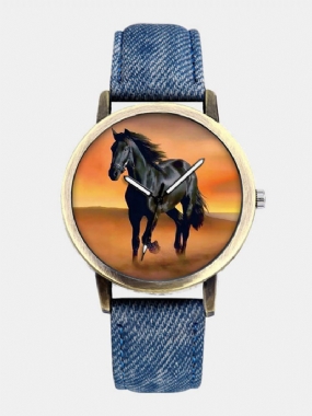 Casual All-match Denim Remienok Pánske Hodinky Black Horse Desert Dial Ženy Quartz