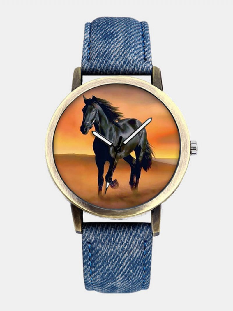 Casual All-match Denim Remienok Pánske Hodinky Black Horse Desert Dial Ženy Quartz