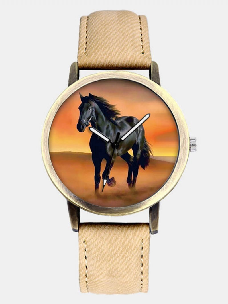 Casual All-match Denim Remienok Pánske Hodinky Black Horse Desert Dial Ženy Quartz