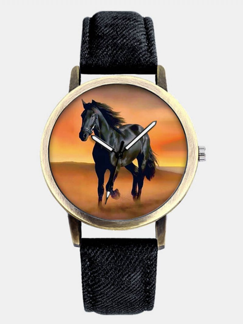 Casual All-match Denim Remienok Pánske Hodinky Black Horse Desert Dial Ženy Quartz