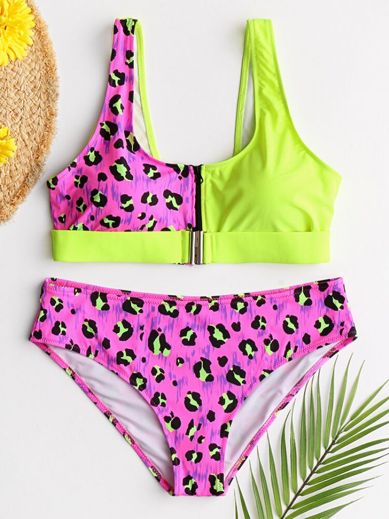 Dámska Vesta Bikini Leopard Patchwork Predná Pracka Na Zips Sexy Plavky