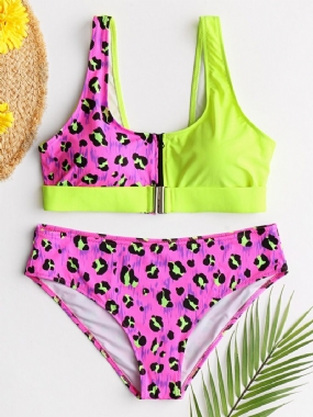 Dámska Vesta Bikini Leopard Patchwork Predná Pracka Na Zips Sexy Plavky