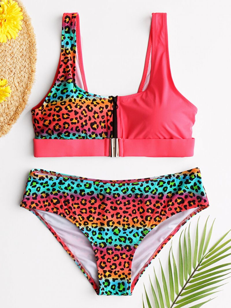 Dámska Vesta Bikini Leopard Patchwork Predná Pracka Na Zips Sexy Plavky