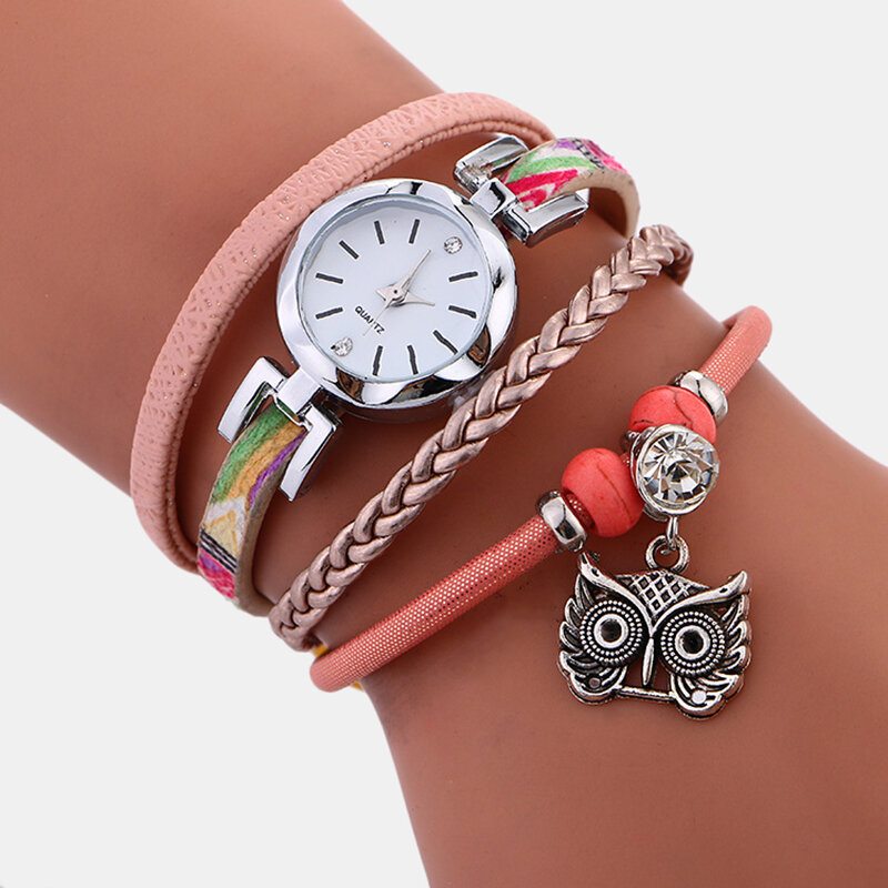 Kožené Náramkové Hodinky Bohemian Cute Owl Etnické Viacvrstvové Z Kovu