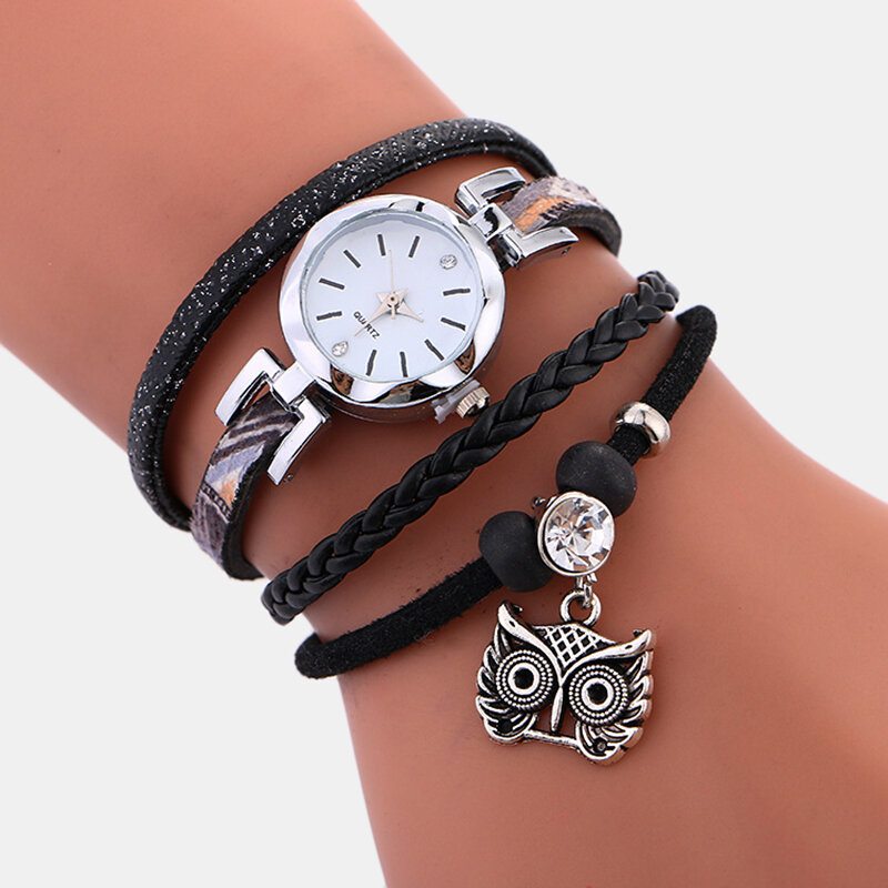 Kožené Náramkové Hodinky Bohemian Cute Owl Etnické Viacvrstvové Z Kovu