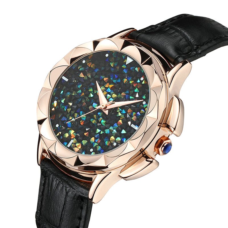 Luxusné Dámske Hodinky Flower Case Kaleidoscope Shining Dial Quartz Z Pravej Kože