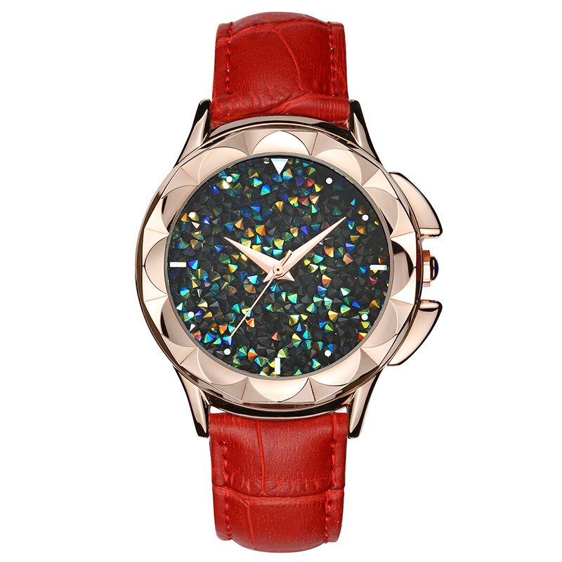 Luxusné Dámske Hodinky Flower Case Kaleidoscope Shining Dial Quartz Z Pravej Kože