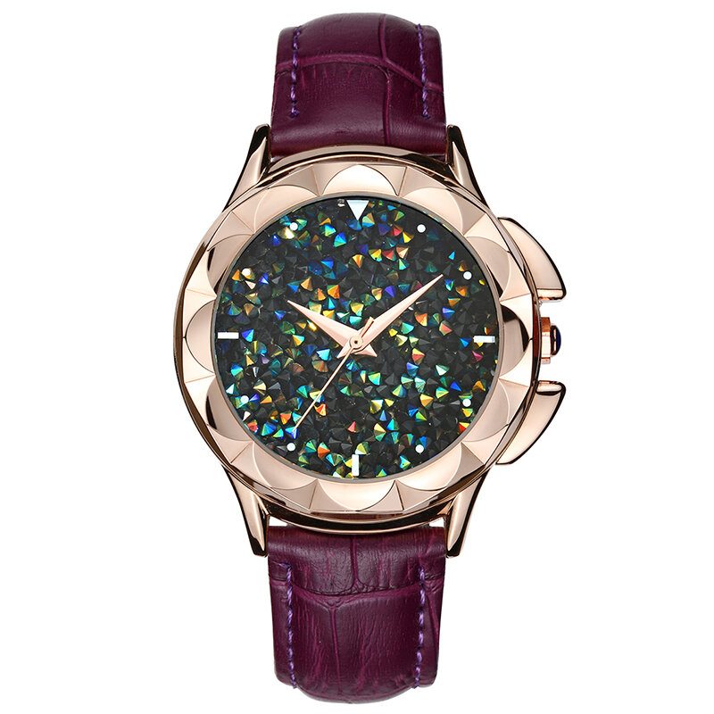 Luxusné Dámske Hodinky Flower Case Kaleidoscope Shining Dial Quartz Z Pravej Kože