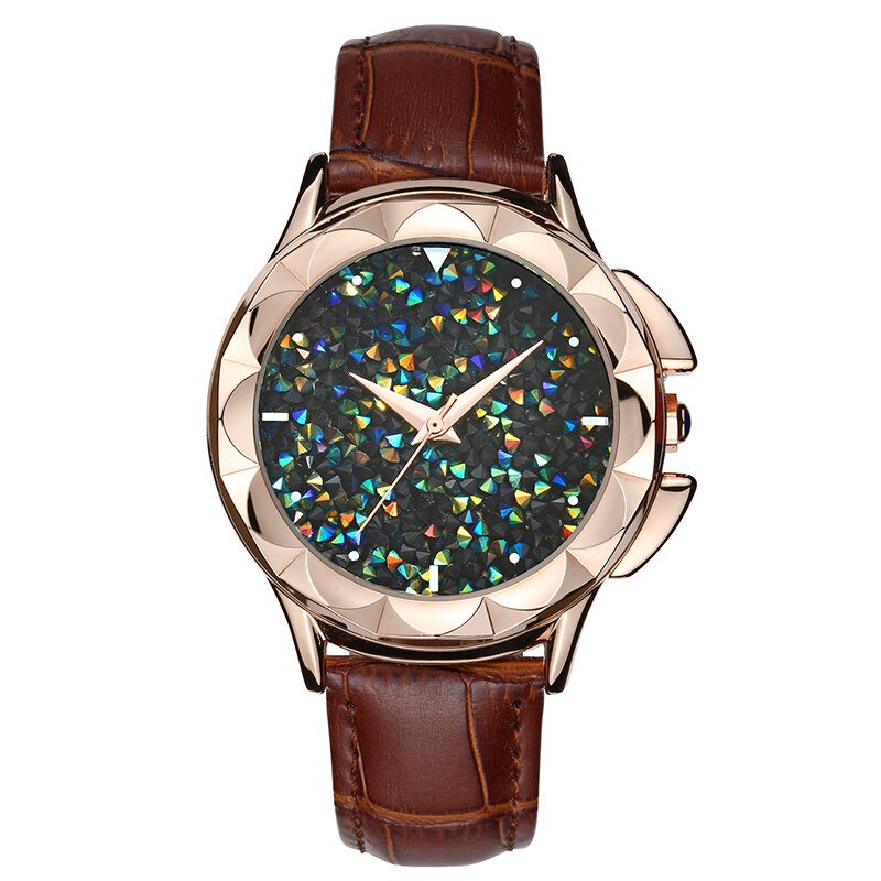 Luxusné Dámske Hodinky Flower Case Kaleidoscope Shining Dial Quartz Z Pravej Kože