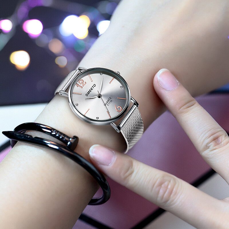 Luxusné Dámske Kremenné Minimalistické Hodinky Mesh Band Laser Dial Big Number Kamienkové Vodotesné