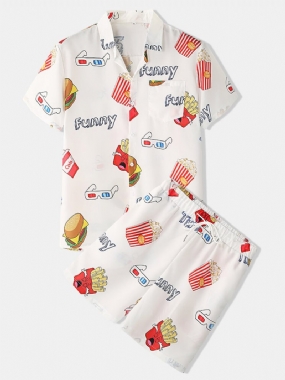 Muži Funny Print Hamburger Loungewear Sety Dvojdielne Chlopne Golier Krátky Rukáv Tenké Letné Pyžamá