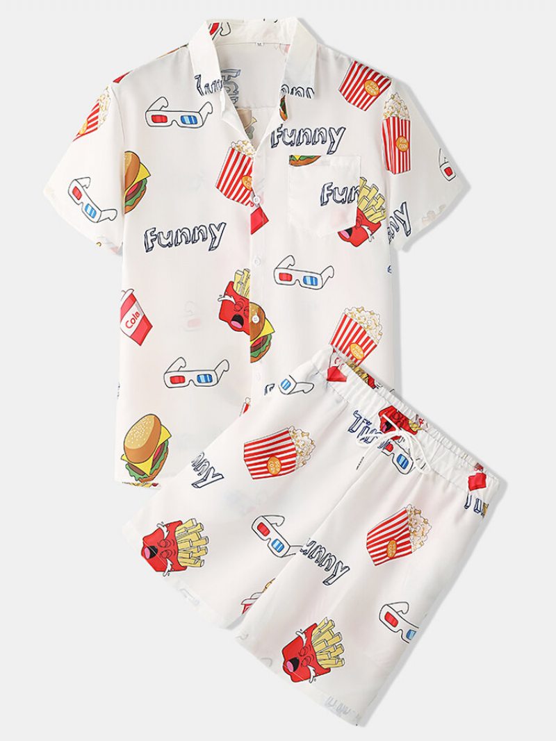 Muži Funny Print Hamburger Loungewear Sety Dvojdielne Chlopne Golier Krátky Rukáv Tenké Letné Pyžamá