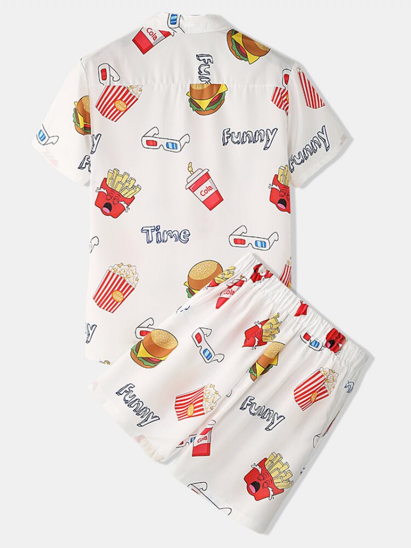 Muži Funny Print Hamburger Loungewear Sety Dvojdielne Chlopne Golier Krátky Rukáv Tenké Letné Pyžamá