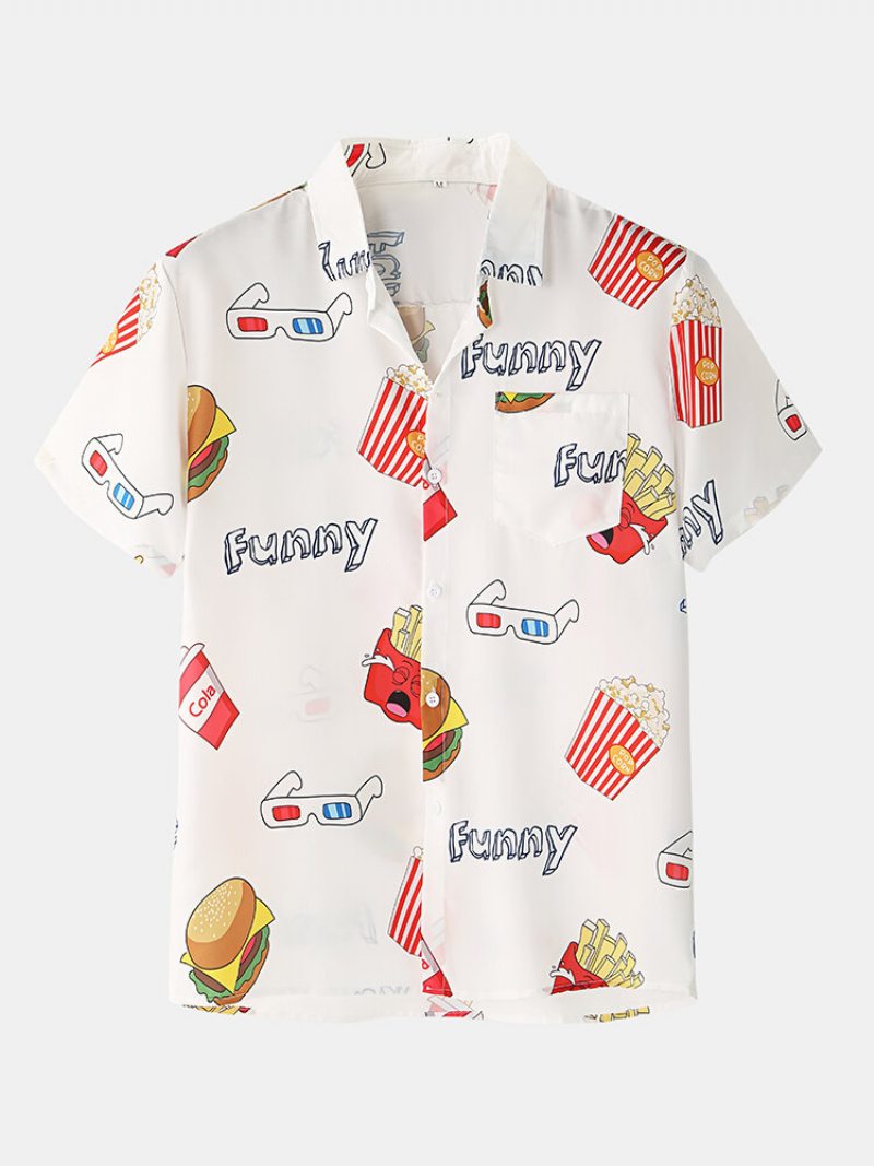 Muži Funny Print Hamburger Loungewear Sety Dvojdielne Chlopne Golier Krátky Rukáv Tenké Letné Pyžamá