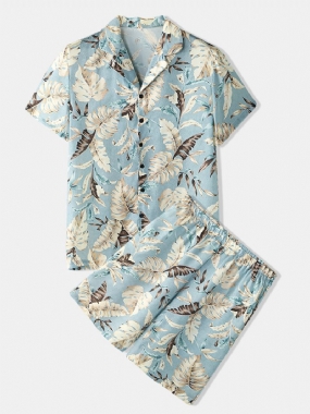 Muži S Potlačou Tropických Listov Spoločenské Oblečenie Dvojdielne Pyžamá Z Umelého Hodvábu Lapeal Golier Tenké Na Spanie