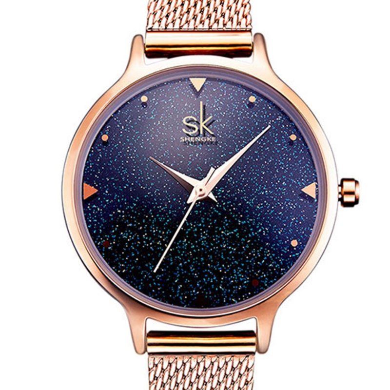 Sk Elegantné Hodinky Quartz Wirstwatch Rose Gold Band Vodotesné Námornícka Modrá Sky Simple Digit Pre Ženy