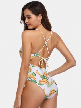 Ženy Plavky S Banánovou Potlačou Tropické Sexi Špagetové Ramienka Criss-cross Bez Chrbta Jeden Kus