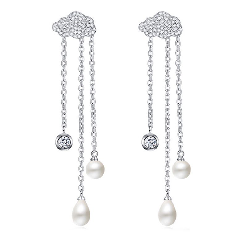 Dámske Luxusné Náušnice V Tvare Oblaku Sterling Silver Visiace Temperament Pearl Dlhý Prívesok Nepravidelné Elegantné