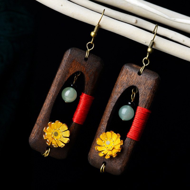 Etnické Ručne Vyrábané Drevené Jadeitové Náušnice Vintage Zlaté Visiace S Kvetmi Sedmokrásky Pre Ženy