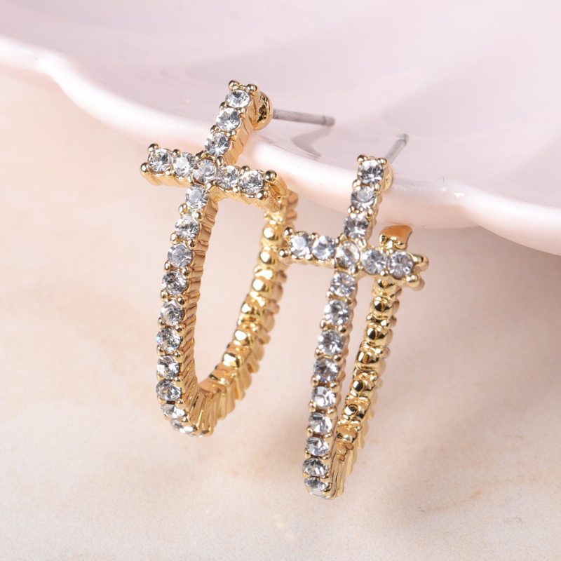 Módne Zakrivené Náušnice S Krížikom 18-karátové Zlato Platinované Analergické Diamantové Pre Ženy