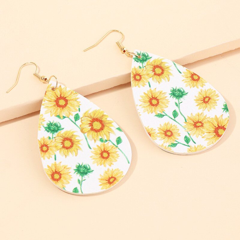 Trendy Daisy Slnečnicový Kvet Butterfly Water Drop Náušnice Liči Kožené S Potlačou