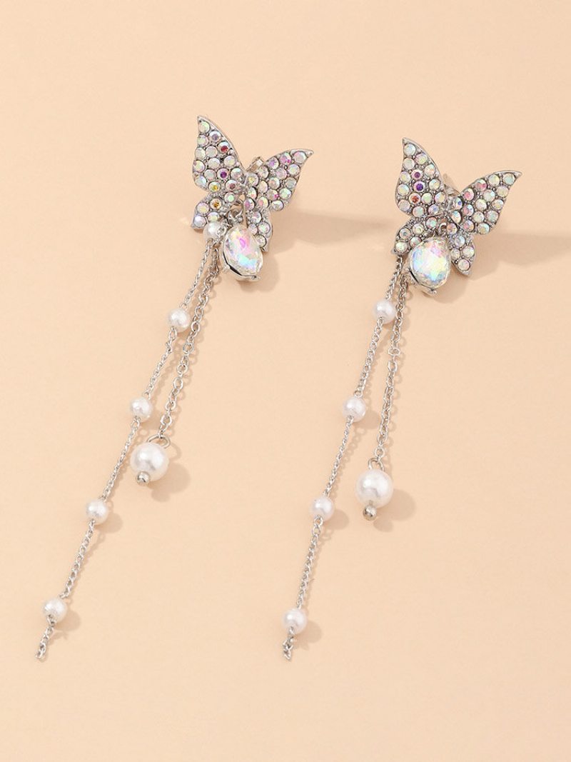 Trendy Dámske Strieborné Motýľové Náušnice Diamantové Šperky S Dlhým Perlovým Strapcom