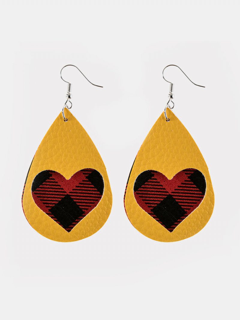 Vintage Náušnice S Dutým Kockovaným Vzorom Na Valentínske Srdce Z Pu Kože