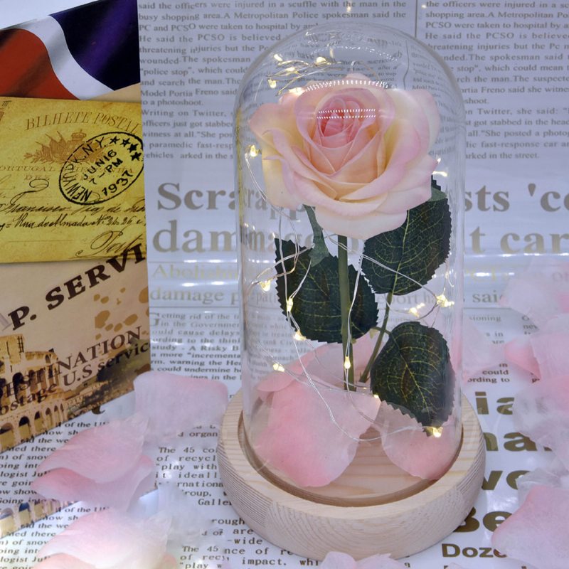 Lampa Šampanské Ruže S Led Rozprávkovou Strunou Osvetľujúcou Opadané Okvetné Lístky A Abs Základňou V Sklenenej Kupole Romantické Darčeky Na Valentína